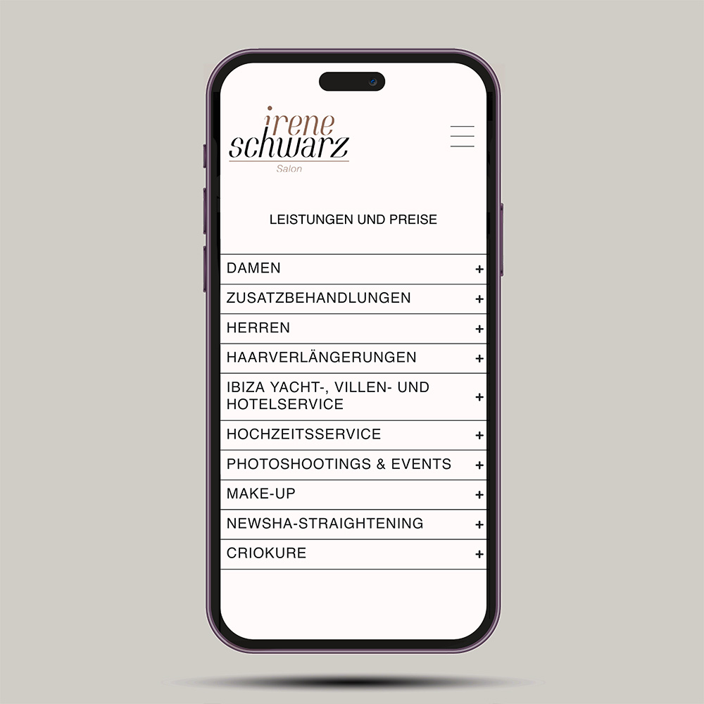 Das Bild zeigt ein Iphone mit der geöffneten Website von Irene Schwarz Salon. Man sieht die Unterseite „Leistungen und Preise“